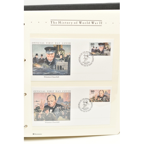 162 - THE HISTORY OF WWII COIN/STAMP ALBUM OF MANY  COIN/STAMP COVER TO INCLUDE WINSTON SPENCER CHURCHILL ... 