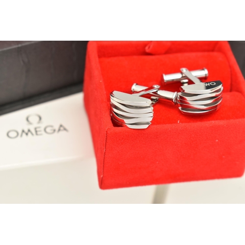 165 - TWO PAIRS OF OMEGA CUFFLINKS, each designed as a rectangular shape panel with plain polished undulat... 