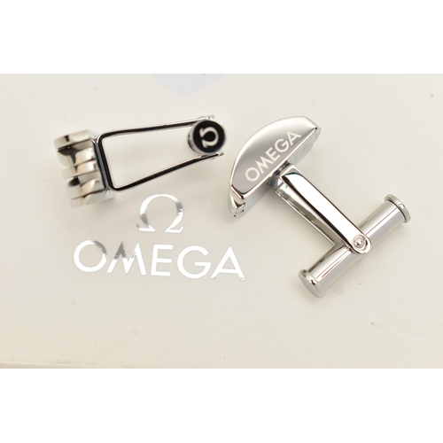 165 - TWO PAIRS OF OMEGA CUFFLINKS, each designed as a rectangular shape panel with plain polished undulat... 