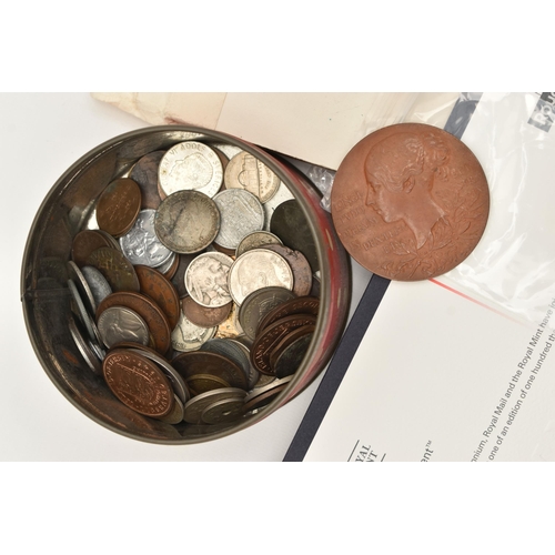 167 - A CARDBOARD BOX OF SOME EARLY MIXED COINS, to include Victoria Bronze Young and Veiled heads 74 gram... 