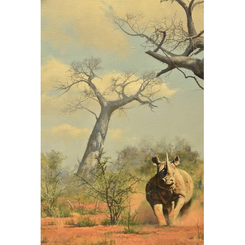 301 - ANTHONY GIBBS (BRITISH 1951) A RHINOCEROS AND BAOBAB TREES, an African landscape, signed bottom left... 