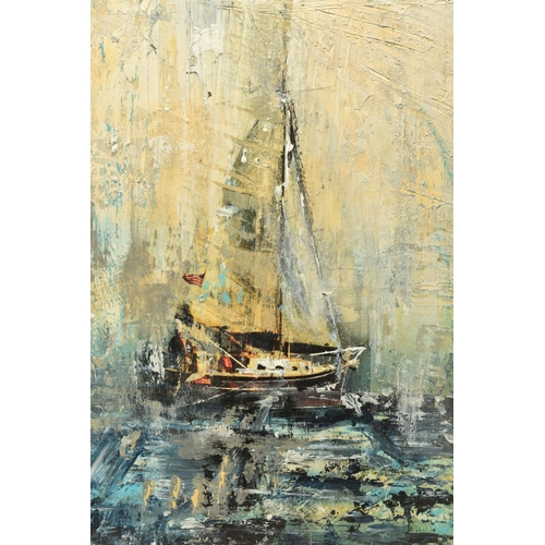 308 - GILL STORR (BRITISH CONTEMPORARY) 'BLUE WATERS', a yacht under sail in choppy waters, signed bottom ... 