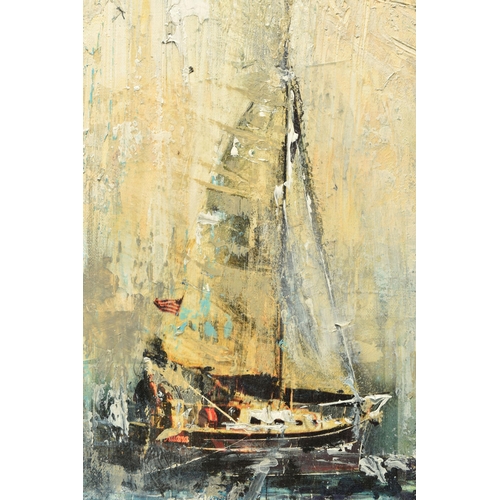 308 - GILL STORR (BRITISH CONTEMPORARY) 'BLUE WATERS', a yacht under sail in choppy waters, signed bottom ... 