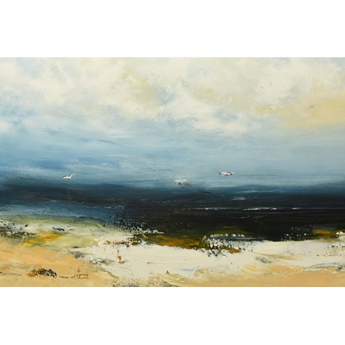 313 - HUDSON PARKIN (BRITISH CONTEMPORARY) 'BE STILL', a coastal landscape looking out to sea, initialled ... 