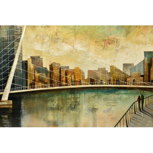 314 - KEITH ATHAY (BRITISH CONTEMPORARY) 'ACROSS THE BRIDGE AT CANARY WHARF', a contemporary London citysc... 