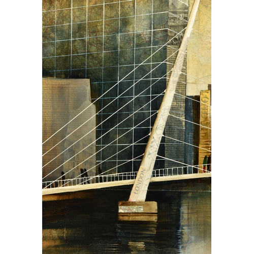 314 - KEITH ATHAY (BRITISH CONTEMPORARY) 'ACROSS THE BRIDGE AT CANARY WHARF', a contemporary London citysc... 