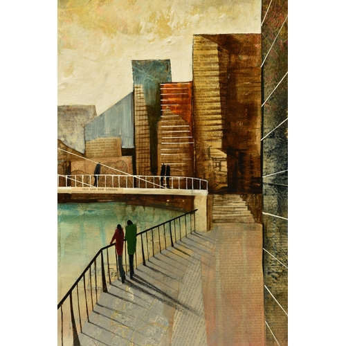 314 - KEITH ATHAY (BRITISH CONTEMPORARY) 'ACROSS THE BRIDGE AT CANARY WHARF', a contemporary London citysc... 