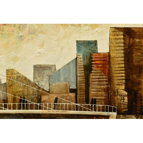 314 - KEITH ATHAY (BRITISH CONTEMPORARY) 'ACROSS THE BRIDGE AT CANARY WHARF', a contemporary London citysc... 