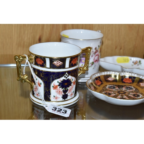 323 - A GROUP OF ROYAL CROWN DERBY PORCELAIN, comprising an Imari 1128 pattern solid gold band  trinket di... 