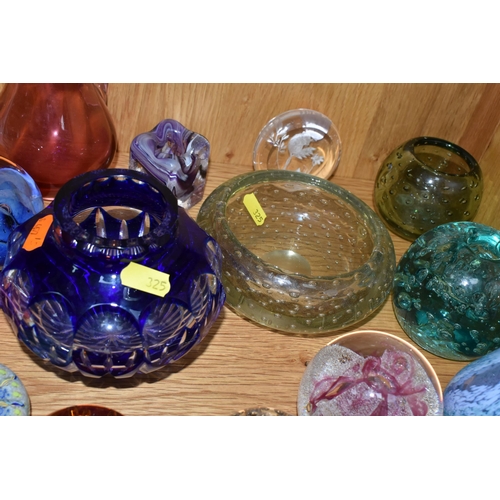 325 - A COLLECTION OF COLOURED GLASS AND PAPERWEIGHTS, comprising a green 'Dump Glass' paperweight, a Cait... 