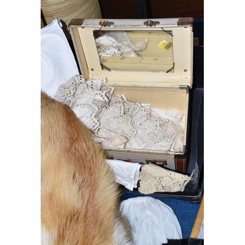 326 - ONE BOX OF VICTORIAN CLOTHING AND TWO VINTAGE FUR COATS, to include a collection of Victorian handma... 