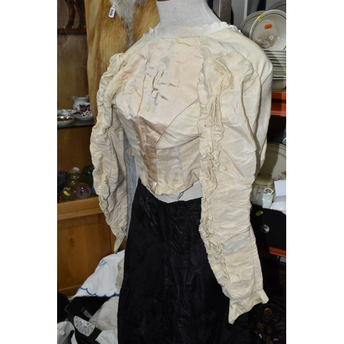 326 - ONE BOX OF VICTORIAN CLOTHING AND TWO VINTAGE FUR COATS, to include a collection of Victorian handma... 