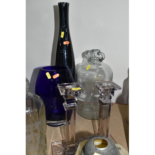 328 - A SELECTION OF TALL ITEMS CERAMICS AND GLASS, to include a matching pair of glass candlesticks with ... 