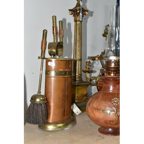 329 - A COLLECTION OF BRASS AND COPPER ITEMS, to include two brass candelabra style ceiling lights (not te... 