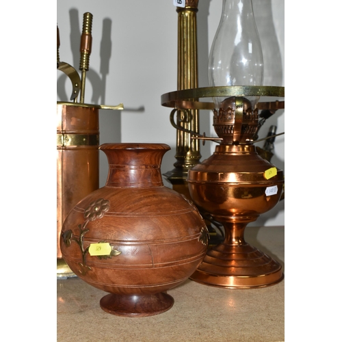 329 - A COLLECTION OF BRASS AND COPPER ITEMS, to include two brass candelabra style ceiling lights (not te... 