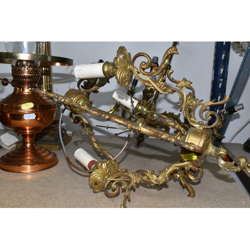 329 - A COLLECTION OF BRASS AND COPPER ITEMS, to include two brass candelabra style ceiling lights (not te... 