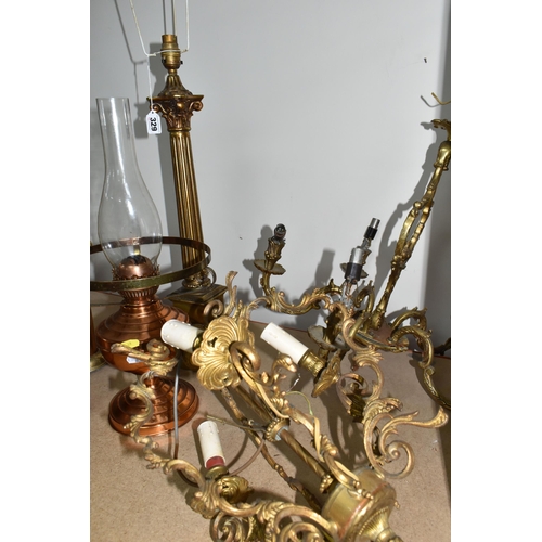 329 - A COLLECTION OF BRASS AND COPPER ITEMS, to include two brass candelabra style ceiling lights (not te... 