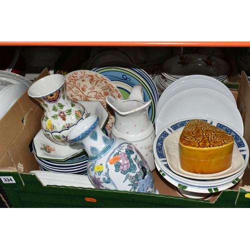 334 - FOUR BOXES AND LOOSE CERAMICS, to include Royal Stafford, plates, cups and saucers, etc. J&G Meakin ... 