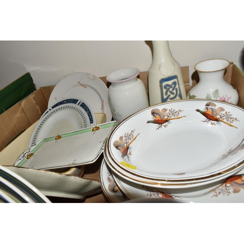 334 - FOUR BOXES AND LOOSE CERAMICS, to include Royal Stafford, plates, cups and saucers, etc. J&G Meakin ... 