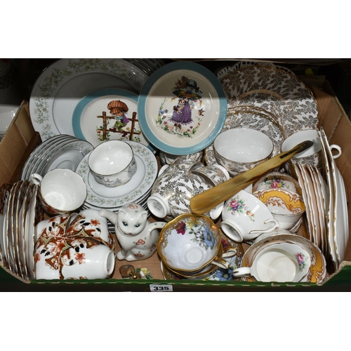 335 - TWO BOXES OF CERAMICS, GLASSWARE AND MISCELLANEOUS, to include dinnerware, several china tea sets, a... 