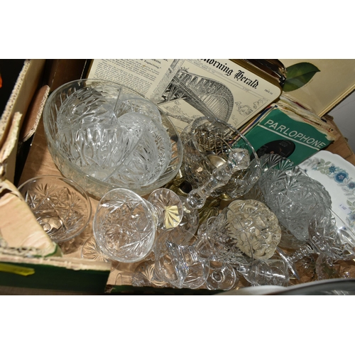 335 - TWO BOXES OF CERAMICS, GLASSWARE AND MISCELLANEOUS, to include dinnerware, several china tea sets, a... 