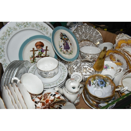 335 - TWO BOXES OF CERAMICS, GLASSWARE AND MISCELLANEOUS, to include dinnerware, several china tea sets, a... 