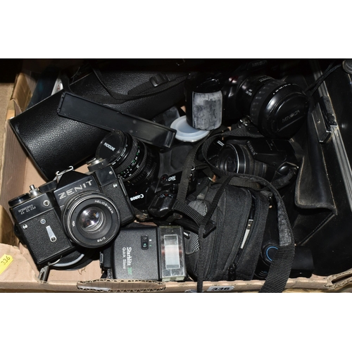 336 - TWO BOXES OF CAMERAS AND EQUIPMENT, to include a Vivitar 400mm telephoto lens no.28002820, a Minolta... 