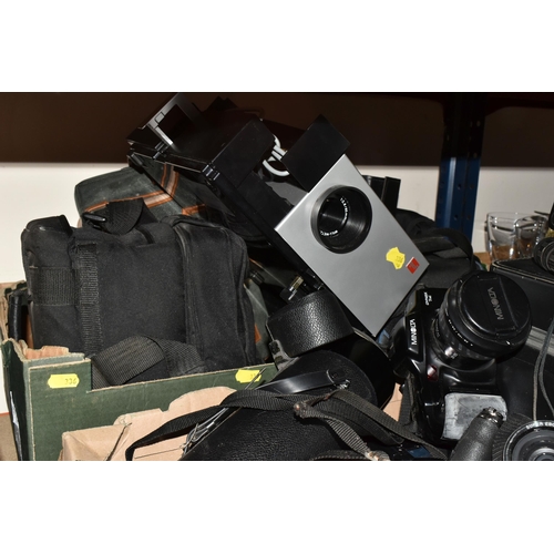 336 - TWO BOXES OF CAMERAS AND EQUIPMENT, to include a Vivitar 400mm telephoto lens no.28002820, a Minolta... 