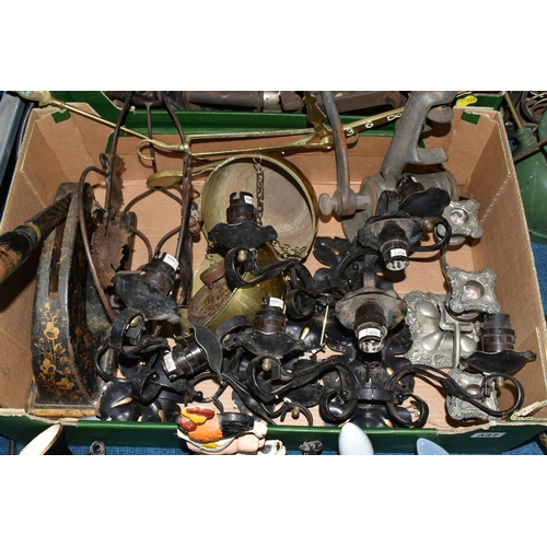 337 - TWO BOXES AND LOOSE METALWARE AND TILLY LAMPS, to include a Tilly lamp 'Guardsman Storm' with brown ... 