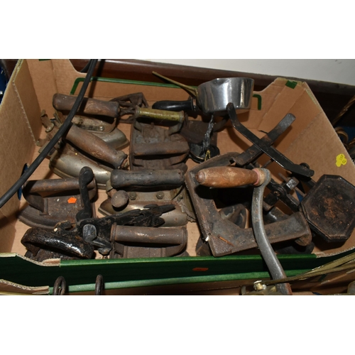 337 - TWO BOXES AND LOOSE METALWARE AND TILLY LAMPS, to include a Tilly lamp 'Guardsman Storm' with brown ... 