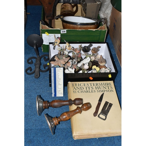 338 - TWO BOXES AND LOOSE MISCELLANEOUS SUNDRIES, to include a set of wooden bellows, a large covered  gre... 