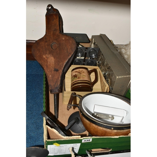 338 - TWO BOXES AND LOOSE MISCELLANEOUS SUNDRIES, to include a set of wooden bellows, a large covered  gre... 