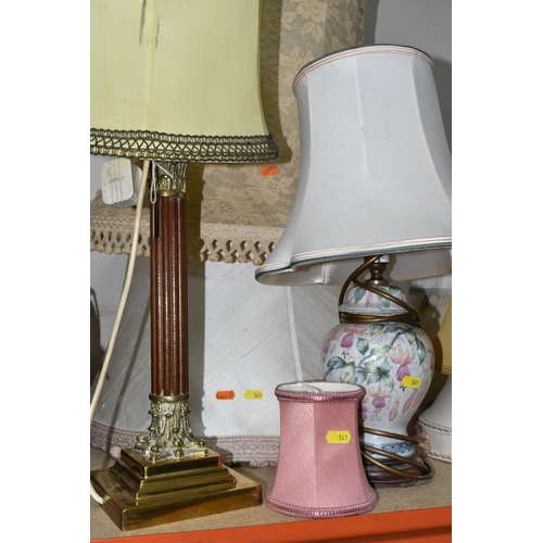 341 - A LARGE QUANTITY OF TABLE LAMPS AND LIGHT SHADES, comprising a pair of turned wood bedside lamps, a ... 