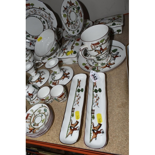 342 - A COLLECTION OF CROWN STAFFORDSHIRE 'HUNTING SCENE' TABLEWARE, comprising two boxed cake plates, fiv... 