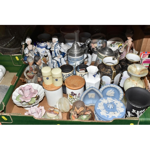 344 - FOUR BOXES AND LOOSE CERAMICS AND GLASSWARE, to include wine glasses, fruit bowls, jugs and vases, h... 