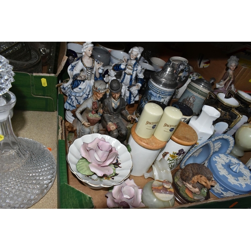 344 - FOUR BOXES AND LOOSE CERAMICS AND GLASSWARE, to include wine glasses, fruit bowls, jugs and vases, h... 