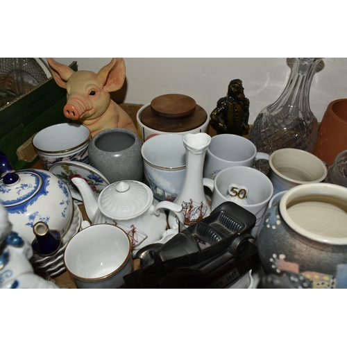 344 - FOUR BOXES AND LOOSE CERAMICS AND GLASSWARE, to include wine glasses, fruit bowls, jugs and vases, h... 