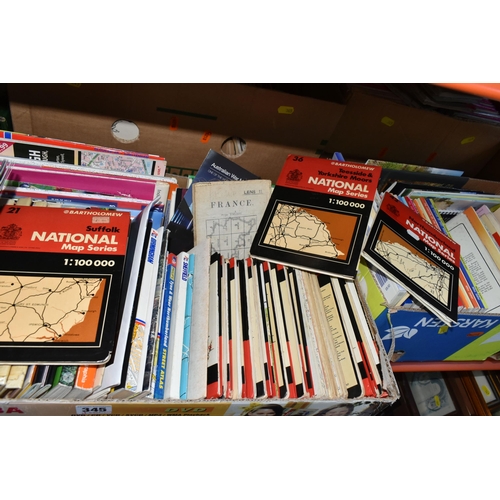 345 - FIVE BOXES OF MAPS AND GUIDE BOOKS, to include Dunn and Wilson 'Metric Maps' Ordnance Survey books, ... 