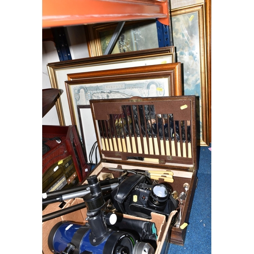 347 - TWO BOXES OF SUNDRIES AND FRAMED PRINTS, to include an Aynsley Mastercraft figure of a robin, Royal ... 