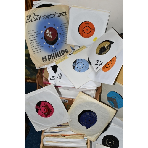 349 - TWO BOXES OF SINGLE VINYL RECORDS AND A COLLECTION OF 78 RECORDS, approximately three hundred single... 