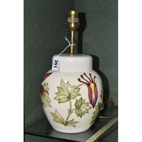 351 - A MOORCROFT POTTERY 'COLUMBINE' TABLE LAMP, tube lined with red, purple and yellow columbine flowers... 