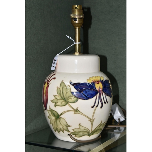 351 - A MOORCROFT POTTERY 'COLUMBINE' TABLE LAMP, tube lined with red, purple and yellow columbine flowers... 