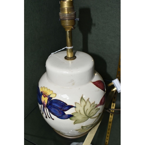 351 - A MOORCROFT POTTERY 'COLUMBINE' TABLE LAMP, tube lined with red, purple and yellow columbine flowers... 