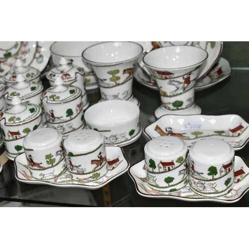 354 - TWENTY FIVE PIECES OF COALPORT 'HUNTING SCENE' GIFT AND TEA WARES, comprising three vases, height 8.... 