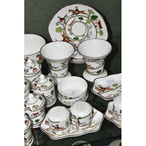 354 - TWENTY FIVE PIECES OF COALPORT 'HUNTING SCENE' GIFT AND TEA WARES, comprising three vases, height 8.... 