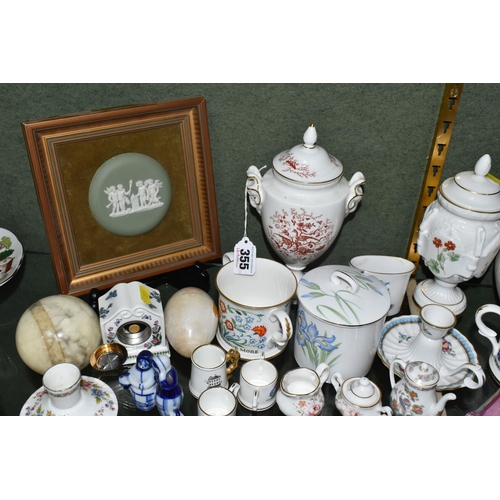 355 - A GROUP OF CERAMICS AND SUNDRY ITEMS, to include Minton and Coalport covered vases, height of talles... 