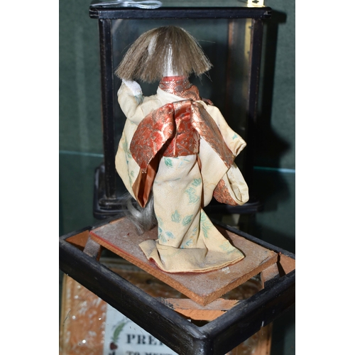 358 - A JAPANESE COSTUME DOLL IN A GLAZED CASE, the vintage female doll wearing a kimono and holding a sam... 