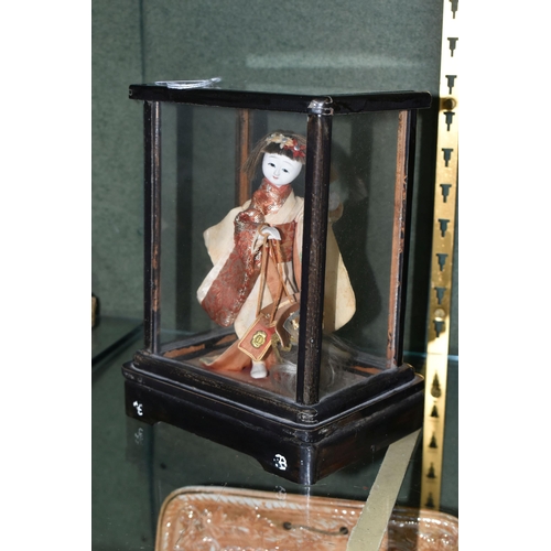 358 - A JAPANESE COSTUME DOLL IN A GLAZED CASE, the vintage female doll wearing a kimono and holding a sam... 