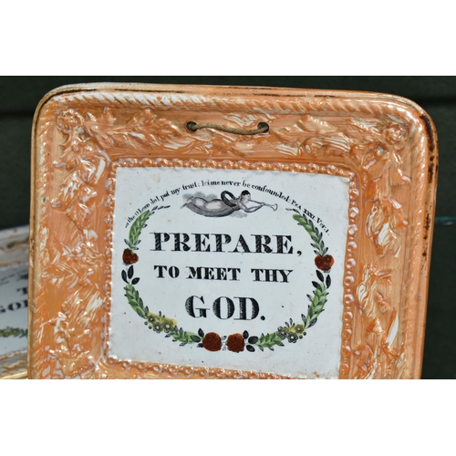 361 - TWO NINETEENTH CENTURY ORANGE LUSTRE WALL PLAQUES, on a religious theme, reading 'Prepare to Meet Th... 