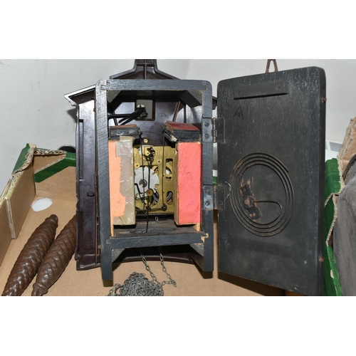 370 - ONE BOX CONTAINING THREE CUCKOO CLOCKS, comprising a brown Bakelite Russian made cuckoo clock made b... 